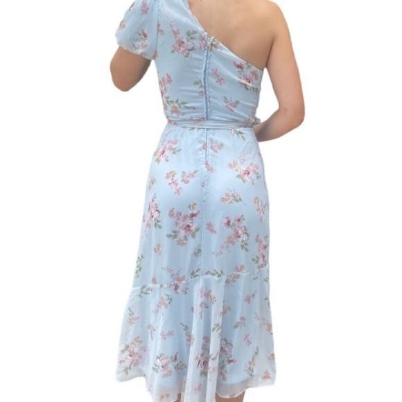 Altar'd State Size XS Blue Floral One Shoulder Puff Sleeve Belted Midi Dress - Picture 4 of 7